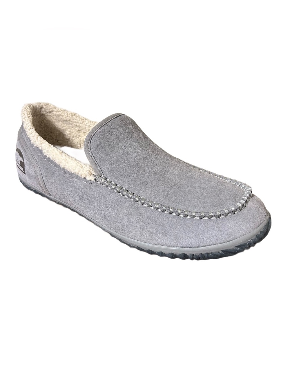 Sorel Slippers Sz 10.5 Men's Dude Moc Grey Suede Slip On Moccasin Sherpa Lining